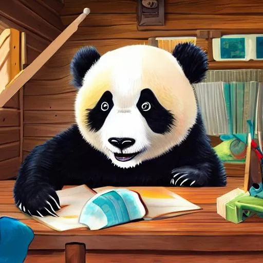 Prompt: A children book illustration of a suprised panda inside a big wooden cabin, 4k, detailed, trending in artstation, fantasy vivid colors