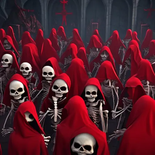 Prompt: a cult of skeletons wearing red hoods praising the dark lord