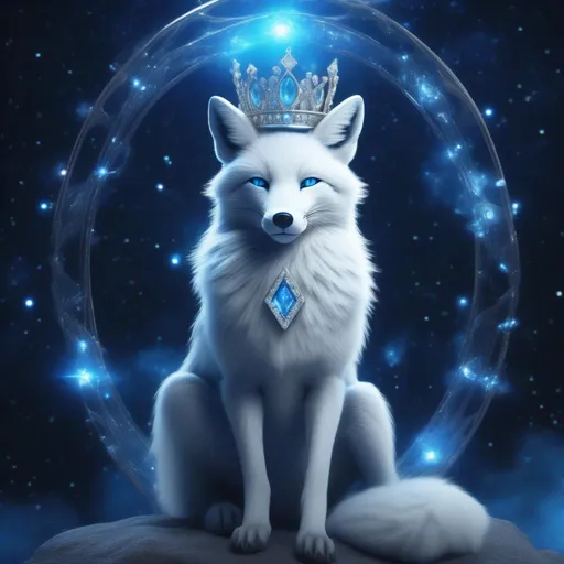 Prompt: a white and blue colored male fox that is decorated with a diamond crown and diamonds everywhere he shines like a pearl and is bioluminescent and he is sitting like a royal king he is covered with a nebula and stars like a ring that is giving him a look of a royal king and is high resolution and shiny stable diffusion. Ultra HD AND 8K RESOLUTION AND A PERFECT IMAGE 