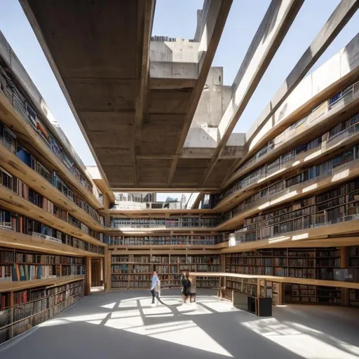 Prompt: a large multi story library filled with books, brutalist architecture, skylights, foot paths