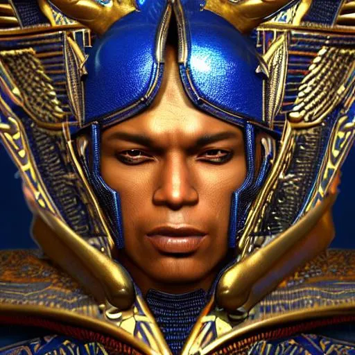 Prompt: low-angle close-up portrait of a dark melanin Egyptian man wearing a extremely detailed warrior armor, glossy royal blue porcelain +carbon-fiber scales + angel wings, beautiful lighting, baroque, cables, ultra realistic, Unreal Engine 5, realistic CGI, cover, sfx, vfx, fog, cinematic, 32k