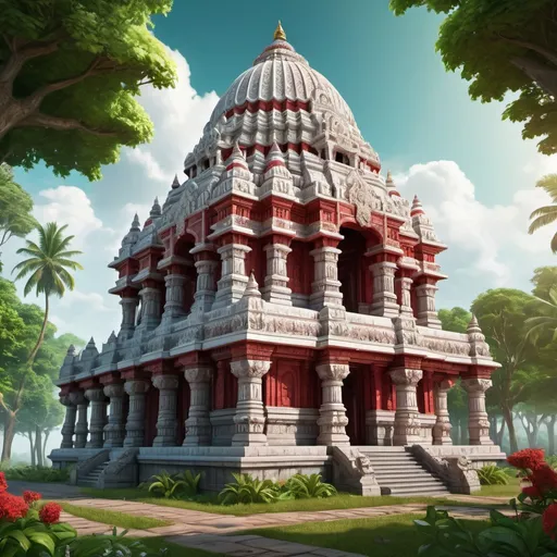 Prompt: Game RPG fantasy illustration of an Sri Lankan temple, entire structure with high dome, red and white marble materials, lush green surroundings, intricate carvings and ornate details, immersive world-building, high quality, detailed, epic scale, fantasy, game style, vibrant colors, atmospheric lighting, Gopuram with flower decoration