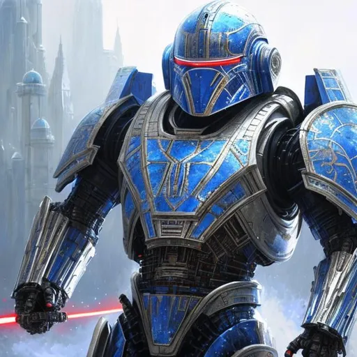 Prompt: full body picture of a futuristic blue and white Sith War Droid Mark 1 fully covered with gorgeous detailed blue and white plate armor, complex, detailed, 8K, Full HD, 

masterpiece photographic real digital ultra realistic hyperdetailed,  

soft focus, digital painting, oil painting, clean art, professional, colorful, rich deep color, concept art, CGI winning award, UHD, HDR, 8K, RPG, UHD render, HDR render, 3D render cinema 4D