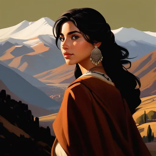 Prompt: Third person, gameplay, Chilean girl, pale olive skin, black hair, brown eyes, Santiago, Andes mountains in the background, cool atmosphere, cartoony style, extremely detailed painting by Greg Rutkowski and by Henry Justice Ford and by Steve Henderson 

