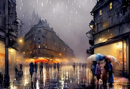 Prompt:  watercolor scene of European street in the rain at night, soft mist, subtle colors, style of Thomas Wells Schaller, 1940's style, Style of Steve Hanks, no umbrellas, very attractive,  dynamic lighting, very cute, watercolor, Poster art, aquarelle, wet on wet wet, watercolors on silk;