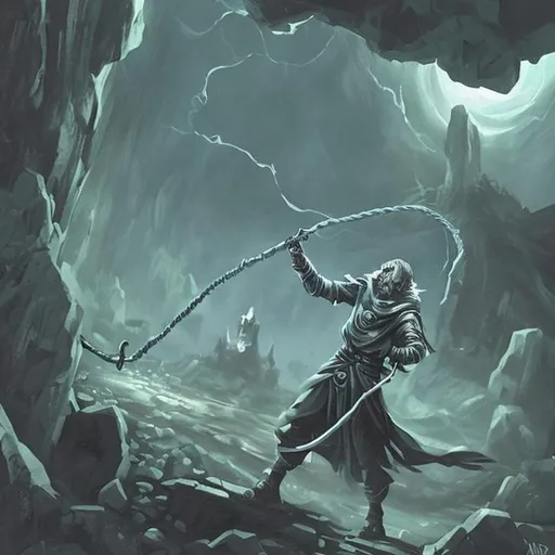 Prompt: A knight with a fire whip in his hand(((( the background is a dark gloomy cave