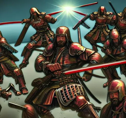 Prompt: Comic strip  Jesus Christ army very detailed new age painting style futuristic samurai saints with guns and swords battle against evil cyberpunk ninjas with electric swords highly detailed battle scene unreal engine 5 style 