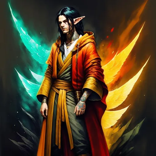 Prompt: concept portrait of a relaxed male elf, very long straight black hair tied back, tan skin, red eyes, in the style of an oil painting, strong colors, dreamy, 

oversized loose red jedi robes, light shirt, showing bare arms, arms covered in elaborate glowing magical runes tattoos, one long skinny steel sword, 

faded smokey background ruins like league of legends shadow isles, 

dynamic light, in watercolor style,