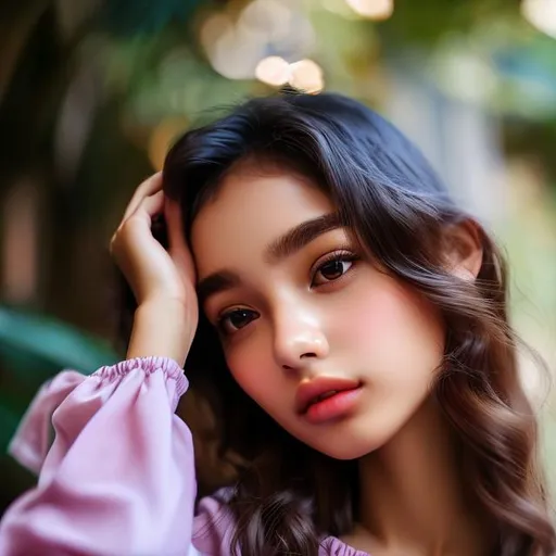 Prompt: Brazilian girl, covered, hair down (a little messy),her eyes are brown, she have full lips, laying down, wearing a pink blouse (long sleeves) and shorts gray. unreal 5 --q 5 --ar 2:3, 8k, realistic,