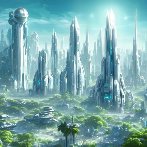 Prompt: Futuristic City White Tall Towers Lush Green Overgrown Plants Light Blue Sky High with many big white spaceships