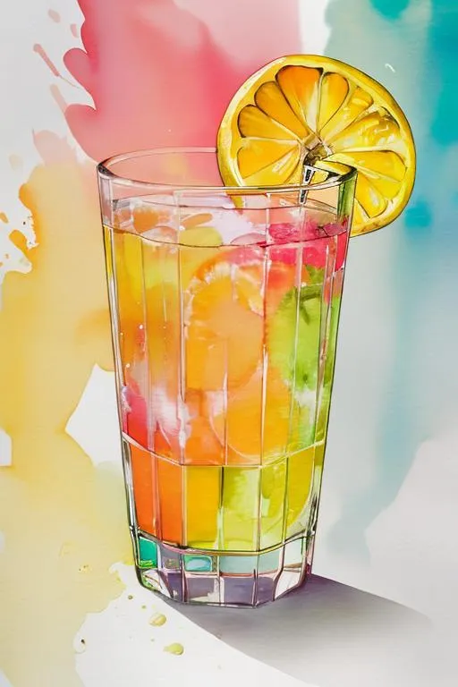 Prompt: drink, cocktail glass, yellow, bright, summer, water color,