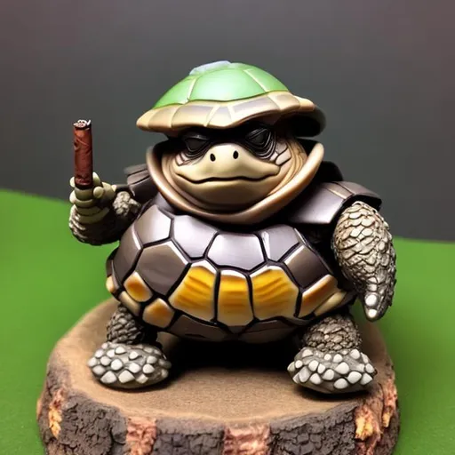 Prompt: Fat turtle with a cigar and armour 