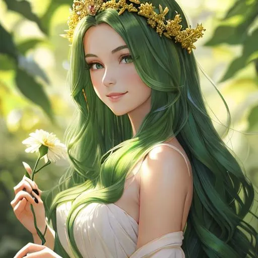 Prompt: matte portrait of a beautiful girl holding a gorgeous flower with her hand, golden ratio, hyperdetailed balyage wild green ombre long hair, smiling, daylight, a crown of squares in shades of green on her head, naive, elegant, morningcore, soft lighting, backlit, attractive aura, HD quality, by artgerm and greg rutkowski and alphonse mucha, dramatic light, octane, dreamy, colorful ink illustration, windy era, oil on canvas, highly detailed, brush strokes 