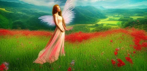Prompt: An elegant winged fairy in the lord of the harry potter  
scenery landscape, looking out at a vast lush valley 
flowers and homes made of Red wine, streams, 
sunrise, god's rays highly detailed, vivid color, 
cinematic lighting, perfect composition, 8k, 
render.

