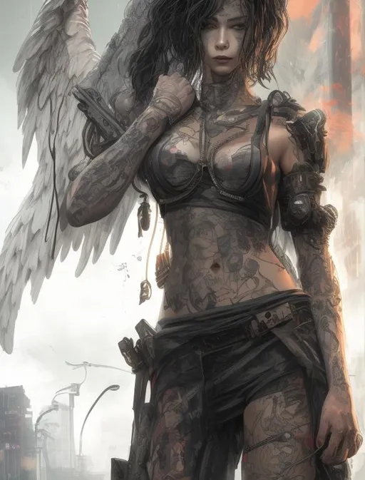 Prompt: cyberpunk angel with seductive look holding a sword covered in tattoos near a burning house
