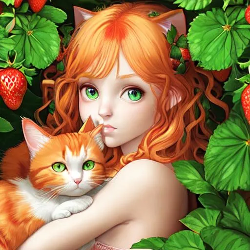 Prompt: Fairy goddess of cats, strawberry blonde  hair with calico cat traits, cat shaped nose, cat shaped  pupils in eyes, green eyes, closeup surrounded by strawberry plants