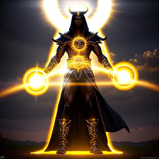 Prompt: (Hyperrealistic highly detailed full body 3/4 photography of an ebonian sun mage summoning light to banish the darkness)
