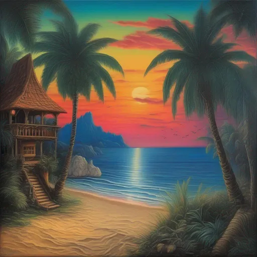 Prompt: twilight at a tropical beach, vibrant colors, realistic, highly detailed, in the style of Albrecht Altdorfer