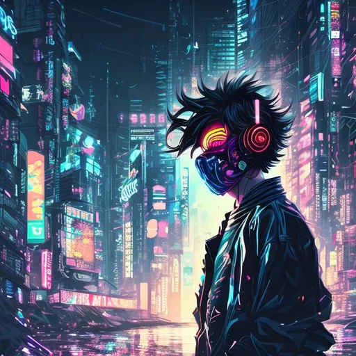 Prompt: insane, anime boy, wavy hair, smiling, city lights, cyberpunk, city in background, mask, illusions, vibrant, looming demon, hallucinations, power, high definition, professional brush strokes, 4k, HD, panorama view