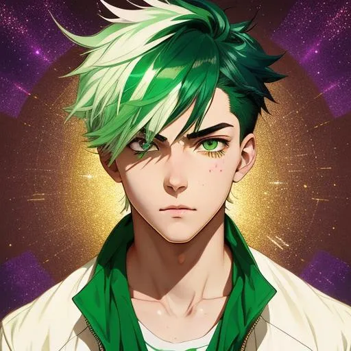 Prompt: Upper body portrait of an anime boy, 20 years old, Green hair, tan skin, White and Green jacket, angry, purple eyes, a scar in The right eye, intricate, detailed face. by Ilya Kuvshinov and Alphonse Mucha. Dreamy, sparkles