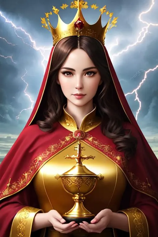 Prompt: Realistic full body image of Beautiful woman with detailed face as a Catholic Virgin, red velvet mantle, sword in her left hand, and a golden chalice in her right hand, golden crown, halo of a Catholic saint, stormy sky, clouds, lightning and flashes of lightning, intricate, elegant, highly detailed, digital painting, arts station, concept art, soft, sharp focus, illustration, art by artgerm and greg rutkowski and tomas scholes and william - adolphe bouguereau