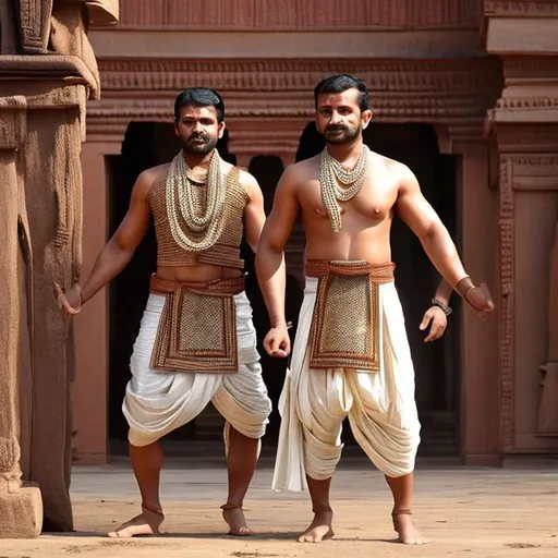 Prompt: A fitted dhoti made of a sturdy, durable fabric such as leather or chainmail. The dhoti would be wrapped around the waist and legs, leaving the upper body bare to show off the character's muscular physique.