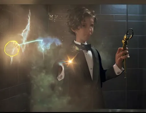 Prompt: 13 year old boy in a tuxedo cast a magic spell on someone in a bathroom stall with his magic wand  from the outside. Do not show the inside of the stall. Just show the boy in his tuxedo pointing his magic wand and casting the spell on the stall that has crazy magic dust spewing out of the top every wich way