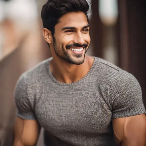 Prompt: Professional photoshoot of a pretty, muscular, handsome half-Indian half-White man with a thin mustache and stubble, youthful face, wearing a tight, short-sleeve sweater, buff arms showing, smiling, {defined shredded musculature, broad shoulders}, {sultry}, center frame, natural light, intricate detail, best quality