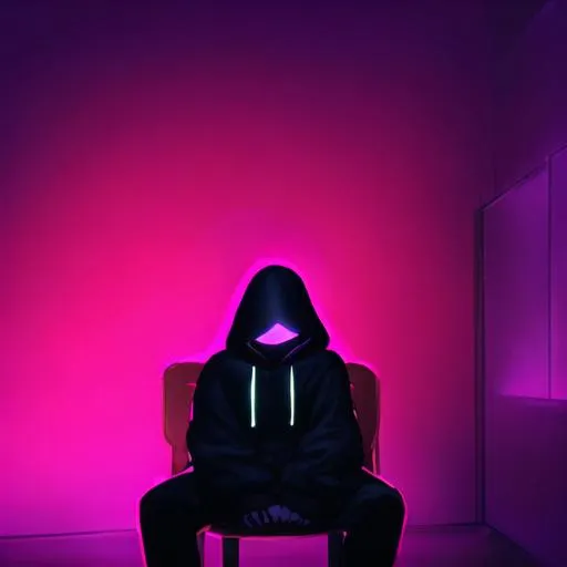 Prompt: Photo of a dark figure with no face wearing a hoodie, Neon lighting, indoor, sitting alone on a chair in an empty room with, pruple lighting, dark colors