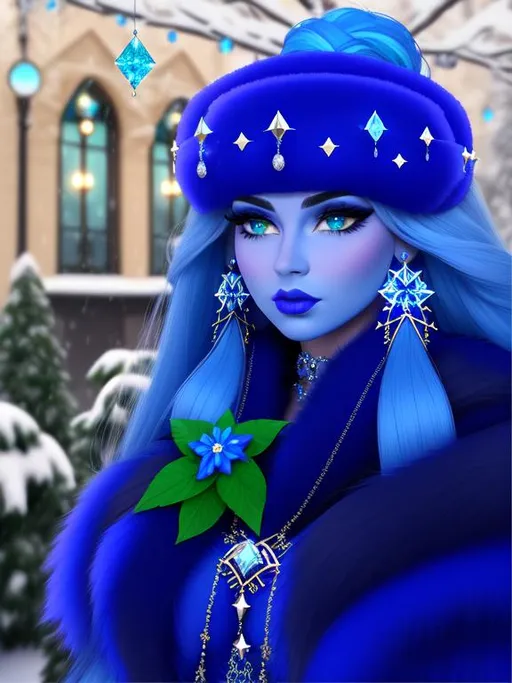 Prompt: GeminiTay, Heavy snow, Giant Blue Orb in Sky, Long Straight Blue hair, Ice crystal tiara with Green Flowers, Thick bushy blue eyebrows, medium sized nose, plump diamond shape face,  Blue lips, ethereal blue eyes, Triangle Star earrings, soft ears, Large blue plastic chain around neck, Blue heart necklaces, Purple candy shaped rings, Large blue fur coat with armor underneath. Scaley gloves. Long Blue Skirt with moons.