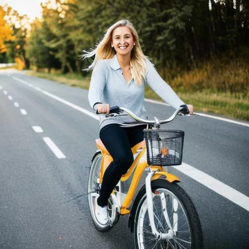 Prompt: A blonde girl driving bike