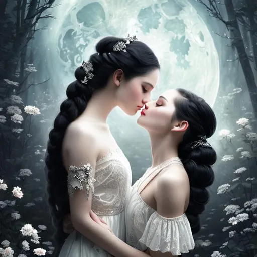 Prompt: Beautiful kissing women, literally white skin tone, black and white clothes, legs floating, human body with bone shadows, right hand making peace pose, left arm holding the waist, pretty, covered in nightly glow with detailed silver features under the moon with illuminating moonshine beams, she has black and white hair in pigtails; by anna dittmann, floradriel, high resolution,  digital painting, extreme detail, 120k,  ultra hd, hyper detailed, white, wlop, digital painting; crystal body