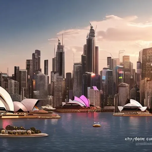 Prompt: Circle 3D logo design of Sydney with city of the future and robots, cinematic like Game of Thrones