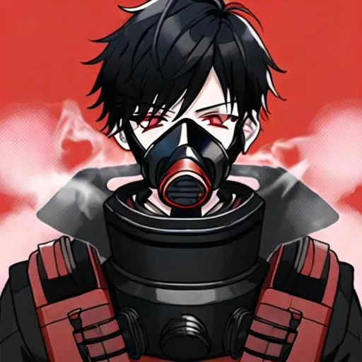 Prompt: Pyro  (black hair) (red eyes) wearing a dual respirator gas mask, shirtless