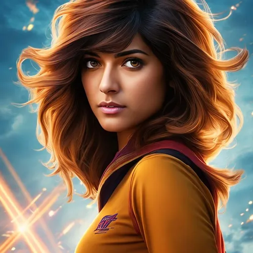 Prompt: High resolution hyperrealistic dynamic image of kamala khan merged with kate bishop, symmetrical detailed photorealistic face, highly detailed, cinematic, uhd, hdr, 64k