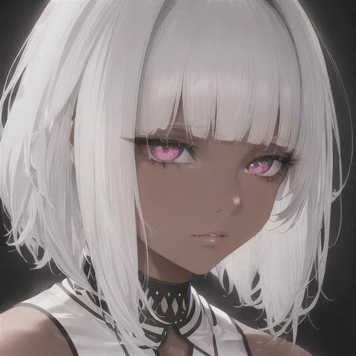 Prompt: "A close-up photo of a gorgeous short pure white haired woman, predator like eyes, in hyperrealistic detail, with a slight hint of loneliness in her eyes. Brown skin. Her face is the center of attention, with a sense of allure and mystery that draws the viewer in, but her eyes are also slightly downcast, as if a sense of loneliness is lingering in her thoughts. The detailing of her face is stunning, with every pore, freckle, and line rendered in vivid detail, but the image also captures the subtle emotions of loneliness that might lie beneath her surface."