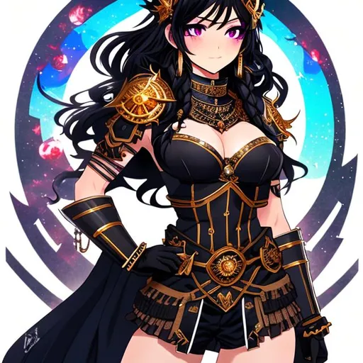Prompt: highly detailed UHD anime goddess ( Full Body View) with black hair dark as a raven, wearing Nordic Victorian armor. While goddess having muscular body tone of arms and legs as well stomach showing abs with color flames bursting out, Queen of the Kings eyes bright as the sun.