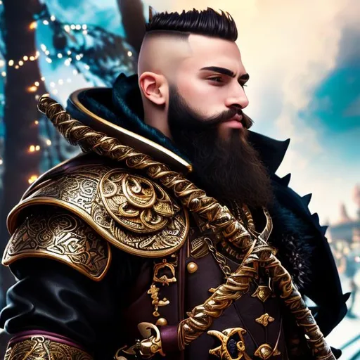 Prompt: Anime, portrait, Dwarf gigachad, black beard, long beard, short hair, mohawk, facing the camera, (frontal view), black leather swashbuckler coat, beard ornaments 