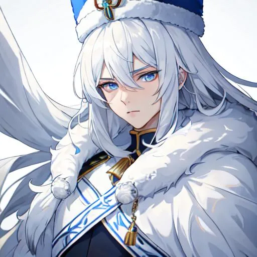 Prompt: Russia as a male human, 8k, UHD,  highly detailed, white hair, blue eyes, wearing a fluffy giant jacket and a ushanka