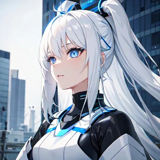 Prompt: White hair girl with blue eyes wearing black headphone on the building which is from future of Japan 4k with blue LED on two long black antennas  