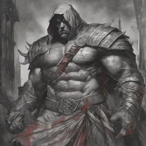 Prompt: Tall, Intimidating, Large, male, Solomon Grundy/goliath D&D build, black hair,  very dark grey scarred skin, covered in bandages, dark tattered cloth armor exposes his midriff, hood of magical darkness that completely shrouds his face with a mask of darkness, large red gem between pecs in chest, Path of the Zealot Barbarian, Strong, wielding large two-handed great-axe, Fantasy setting, D&D, Dead clerics around him, undead, zombie