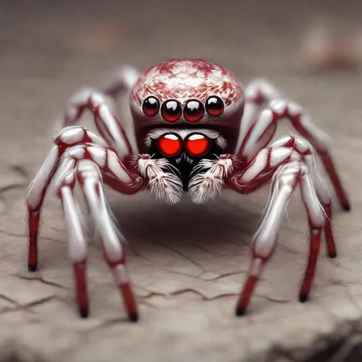 Prompt: Angry Bones Jumping Spider, skeleton-like, colors are bone-white and maroon red with glowing red spider eyes, masterpiece, best quality, in hyperrealism art style