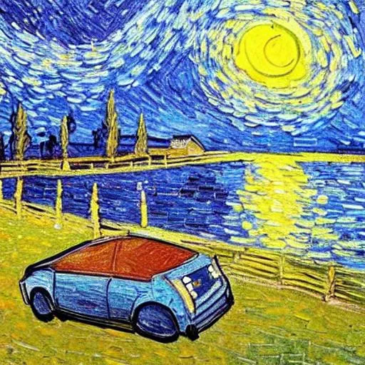 Prompt: Creatie a Van Gogh painting with a modern electric car in a summer landscape by a lake at sundown. 