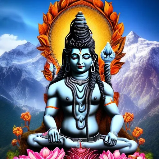 Prompt: Need 3d Shiva image with floral background and mountain