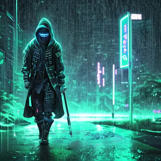 Prompt: A cyber ninja walking the rain,through a neon forest 