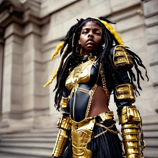 Prompt: Young black woman Nike dressed in armor accessories in gold. Hair in dreads wearing  black leather dress 