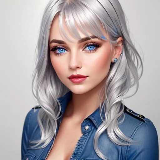 Prompt: young woman,  silver hair that is short , blue eyes, plump lips