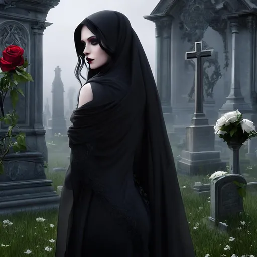 Prompt: A woman Goth with a veil in a cemetery with white rose. The painting style is inspired by Luis Royo and captures a proportionate body with high-definition photography quality. The painting is created in Unreal Engine 4, with 8K HD resolution, providing bright and intricate details.