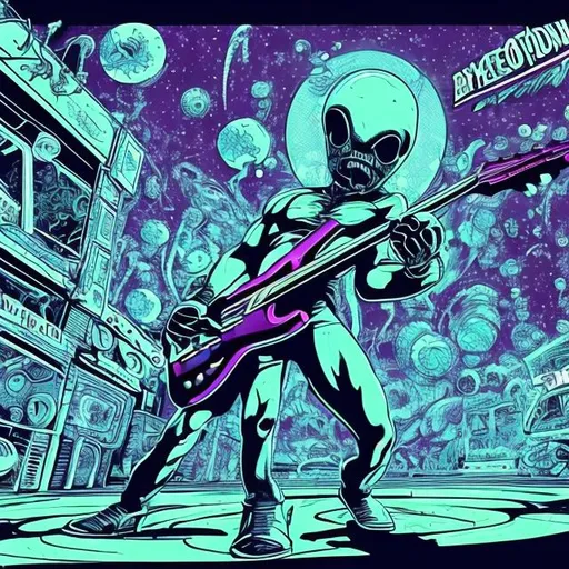 Prompt: Bodybuilding amoeba, playing guitar for tips in a busy alien mall, widescreen, infinity vanishing point, galaxy background