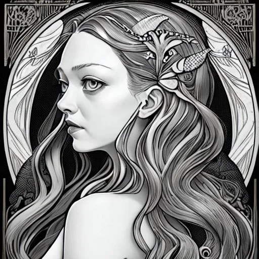 Prompt: Amanda Seyfried as a mermaid, with seashells in her hair | art nouveau portrait | Side Profile | black and white illustration | sepia